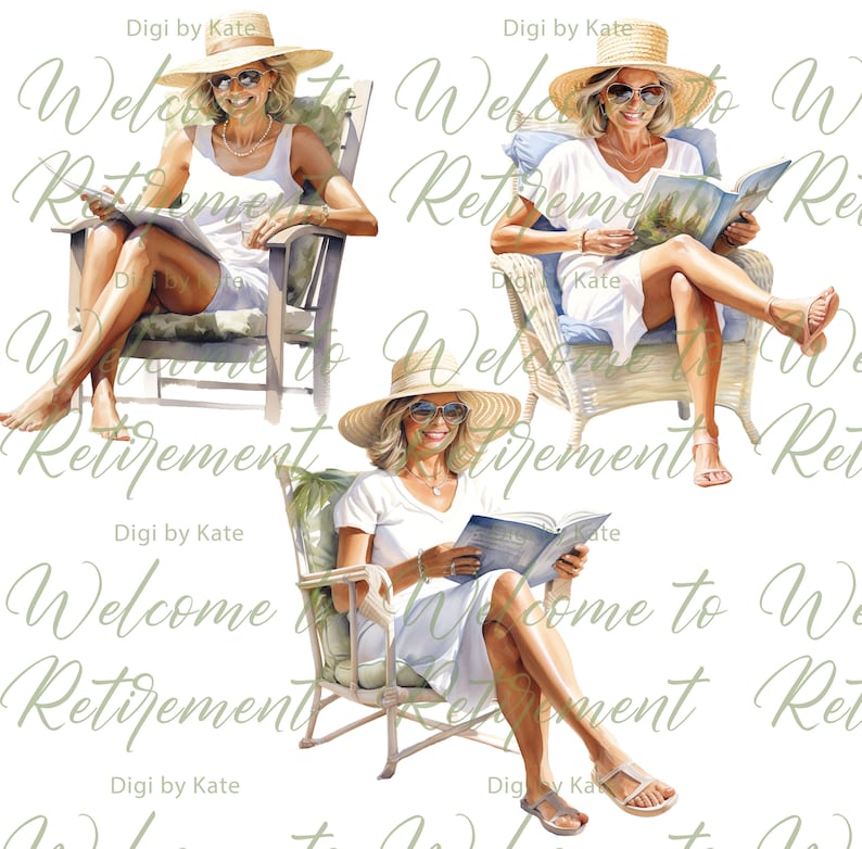 May include: A watercolor painting of a woman in a white dress and a straw hat sitting in a wicker chair. She is reading a book and smiling. The background is a white background with the text "Welcome to Retirement" repeated.