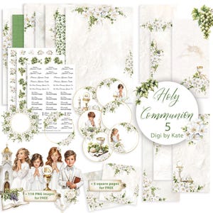 以下が含まれることがあります： 聖体拝領をテーマにしたデジタルアート要素のコレクション。セットには、花の模様、子供たちの円形イラスト、花のボーダーが付いた文房具が含まれています。カラーパレットは主に白と緑で、金のアクセントがあります。