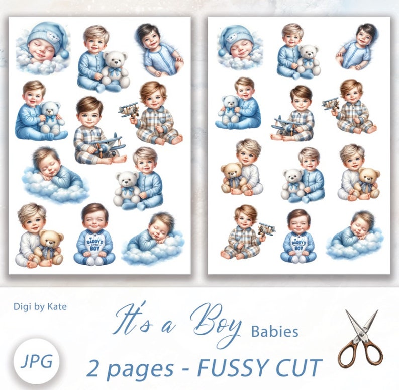 It's a Boy Fussy Cut on A4 JPG Sheet, Sweet Baby Boy Illustrations