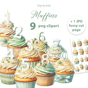 Muffins avec des chiffres 9 PNG et 1 pages JPG A4 - Graphiques sur fond transparent et fond blanc