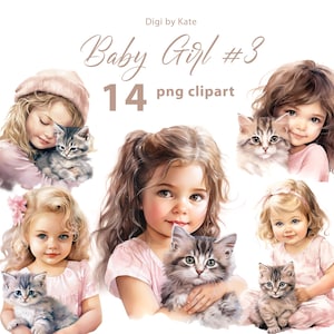 Ensemble de 14 cliparts PNG bébé fille #3, clipart fille et chat, aquarelle de petite fille avec chat, Illustrations PNG fille, fond transparent