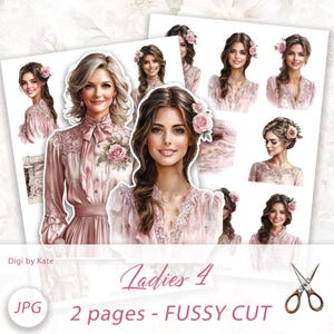 Fussy Cut Pink Ladies #4 su 2 pagine JPG A4 per diari e album di ritagli, elementi stampati e tagliati di Junk Journal