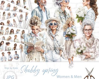 Shabby Spring Fussy Cut Women and Men on 10 A4 JPG Sheets, Pastel Images for Junk Journal and Scrapbooking