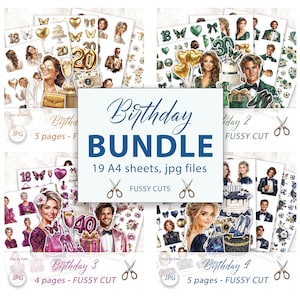 Fussy Cut Birthday Bundle 19 A4 JPG Seiten für Journals und Scrapbooks, Junk Journal Print und Cut Elements