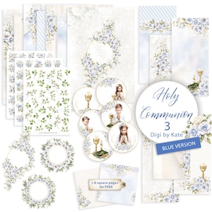 May include: A collection of digital art elements for Holy Communion, featuring floral designs in white and blue. Includes circular images of children praying, chalices, and decorative paper sheets. The text "Holy Communion 3" is visible.