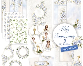 Holy Communion 3 Blue Version Digital Paper Bundle for Junk Journal and Scrapbooking