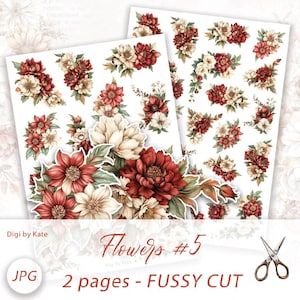 Flores Bege Vermelhas Fussy Cut em 2 Páginas A4 JPG com Imagens para Imprimir e Cortar