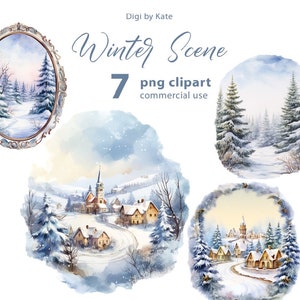 Escena de invierno 7 PNG Clipart Set, ilustraciones de acuarela de invierno sobre fondo transparente
