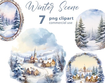 Winter Szene 7 PNG Set, Winter Aquarell Illustrationen auf transparentem Hintergrund