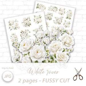 Op de afbeelding: Twee vellen digitaal papier met meerdere illustraties van witte rozen met groene bladeren en kleine waterdruppels. De tekst op de afbeelding luidt: Digi by Kate, White roses, 2 pages - FUSSY CUT en JPG. Een schaar is afgebeeld.