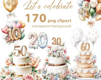 Let's celebrate 170 PNG Cliparts on Transparent Background, Balloons and Cakes for Anniversary and Birthday