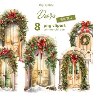 Winter Doors 8 PNG Clipart Set, Winter Watercolor Illustrations on Transparent Background