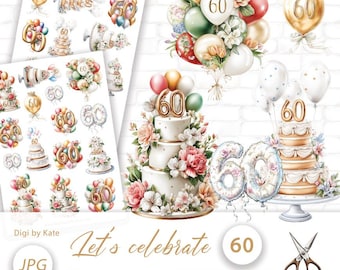 Let's celebrate 60 Fussy Cut on 2 A4 JPG Pages for Journals and Scrapbooks, Print and Cut Balloons and Cakes