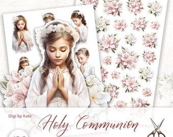 Fussy Cut Holy Communion on 2 A4 JPG Pages for Journals and Scrapbooks, Print and Cut Elements