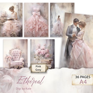 Ethereal Pink e Grey 36 páginas A4 com gráficos estilo Shabby Chic, papel de scrapbook com fundo romântico, papel digital para diário