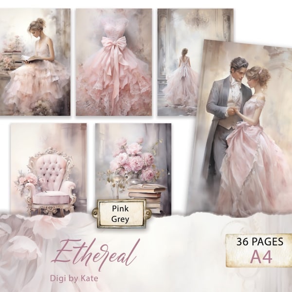 Ethereal roze en grijze 36 A4-pagina's met shabby chic stijl graphics, romantische achtergrond scrapbook papier, dagboek digitaal papier