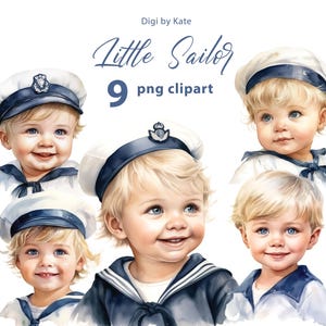 Little Sailor 9 PNG Clipart Set, Navy Baby Boy Clipart, Sailor Boy Aquarell, PNG Little Boy Illustrationen, Transparenter Hintergrund