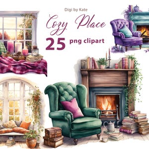Autumn Cozy Place 25 PNG Clipart Set, Chimenea de acuarela de otoño, Ilustraciones de sillón PNG de otoño, Diarios basura, Fondo transparente