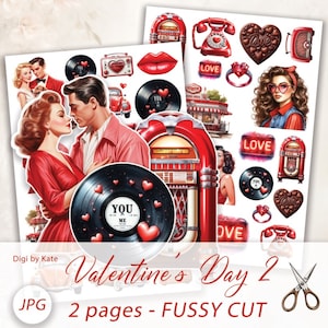 Taglio pignolo retrò di San Valentino II su 2 pagine A4 JPG per diari e album di ritagli, stampa e taglia elementi d'amore