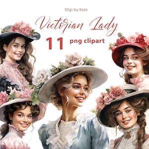 Victorian Lady 11 PNG Clipart Set, Victorian Women Watercolor Clipart Bundle, Vintage Women PNG Graphics, Transparent Background