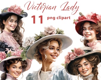 Victorian Lady 11 PNG Clipart Set, Victorian Women Watercolor Clipart Bundle, Vintage Women PNG Graphics, Transparent Background