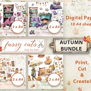 Gezellige herfst kieskeurig gesneden bundel, 10 A4-vellen om te knippen, Fall Junk Journal Ephemera, Autumn Digital Paper, Fall Print en Cut Digital Elements