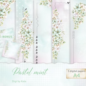 Puede incluir: Conjunto de papeles digitales con temática pastel menta. El diseño presenta arreglos florales en blanco y verde menta, con bordes decorativos y el texto "Pastel mint" y "+ BONUS". Incluye 5 papeles digitales, tamaño A4.