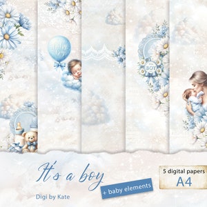 It' a Boy is a Digital Paper Bundle for a Birth of a Baby Boy, Baby Shower or Gender Reveal Party