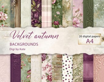 Velvet autumn Backgrounds on 20 A4 JPG Pages, Fall Backgrounds for Scrapbook and Junk Journal