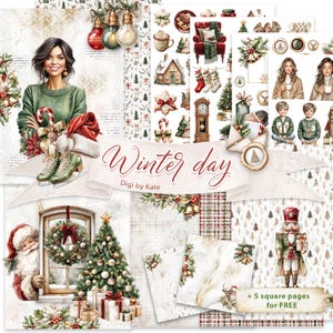 Winter Day Digital Paper Bundle for Junk Journal and Scrapbooking, Christmas Journal Set