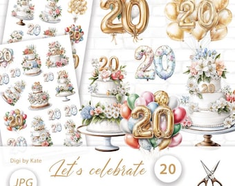 Let's celebrate 20 Fussy Cut on 2 A4 JPG Pages for Journals and Scrapbooks, Print and Cut Balloons and Cakes