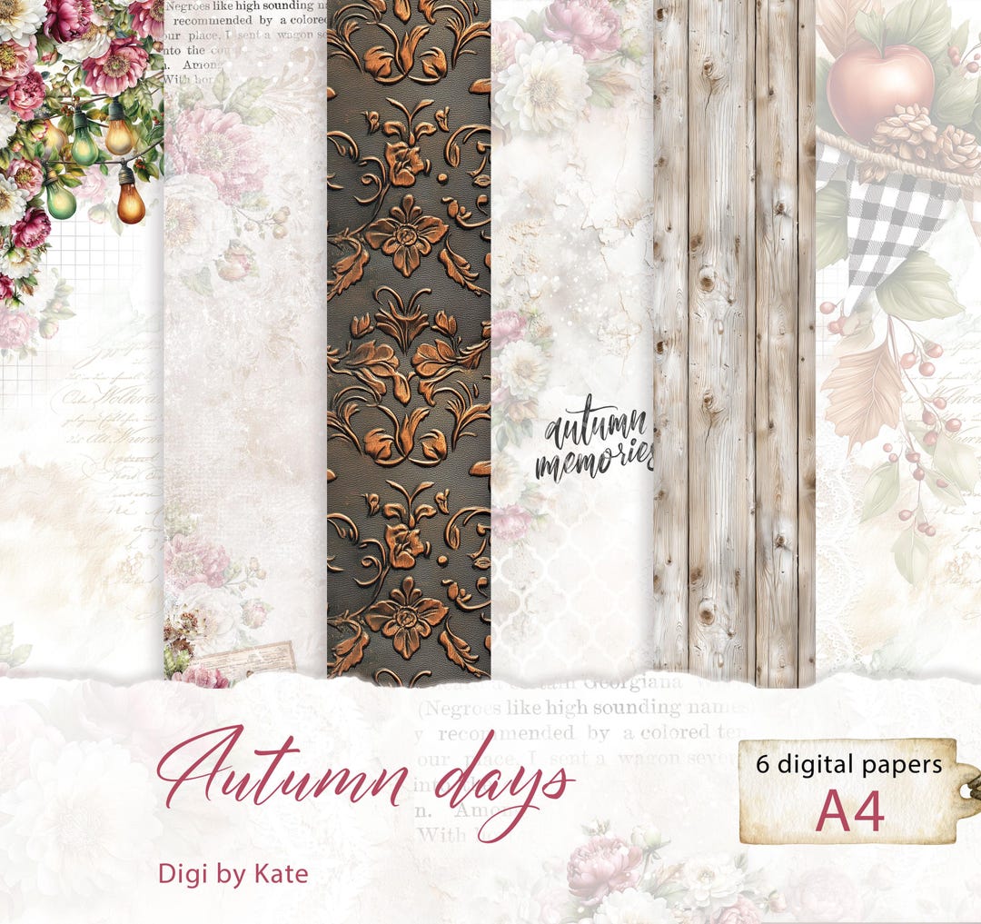 Autumn Days on 6 A4 is a Digital Paper Set Perfect for Junk Journal and ...