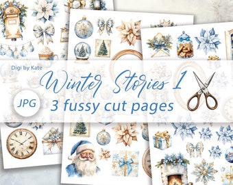 Winter Stories 1 Fussy Cut 8 A4 JPG Printable, Winter Journal Embellishments, Journal Ephemera, Print and Cut Winter Elements