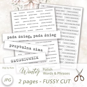 Winter PL Worte und Phrasen auf A4 JPG Seiten zum Drucken und Schneiden perfekt für Urlaub Journal