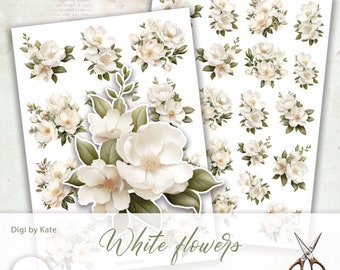 Fussy Cut White Flowers on 2 A4 JPG Pages for Journals and Scrapbooks, Junk Journal Print and Cut Elements