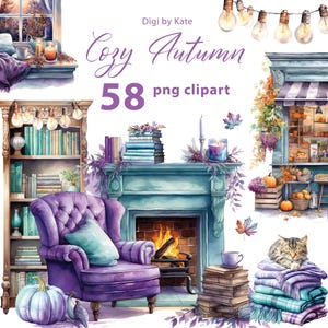 Cosy Autumn 58 PNG Teal Purple Clipart Bundle, PNG Fireplace, Fall Junk Journal Elements, Autumn Sweater Clipart, fundo transparente