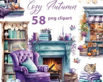 Cozy Autumn 58 PNG Teal Purple Clipart Bundle, PNG Fireplace, Fall Junk Journal Elements, Autumn Sweater Clipart, Transparent Background