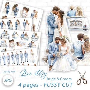 Può includere: Illustrazioni ad acquerello di sposi in varie pose, tra cui baci e abbracci. Le immagini sono in morbide tonalità di blu e bianco, con un'auto d'epoca e una panchina. Il testo "Love Story" e "Bride & Groom" è anch'esso visibile.