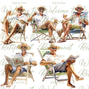 May include: Four illustrations of a man in a white shirt and straw hat relaxing in a beach chair. The man is wearing shorts and sunglasses. In each illustration, the man is doing a different activity, such as reading a newspaper, holding a drink, or smoking a pipe. The illustrations are in a watercolor style and have a lighthearted and whimsical feel.