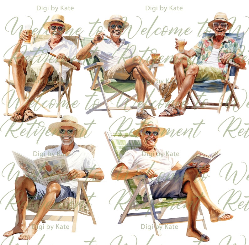 May include: Four illustrations of a man in a white shirt and straw hat relaxing in a beach chair. The man is wearing shorts and sunglasses. In each illustration, the man is doing a different activity, such as reading a newspaper, holding a drink, or smoking a pipe. The illustrations are in a watercolor style and have a lighthearted and whimsical feel.