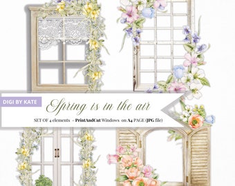 Spring Cottage Windows Print and Cut, Printable Spring Journal Elements, Spring Digital Scrapbook, Yellow and Blue Flowers, Spring Fussy Cut