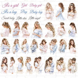 May include: Watercolor illustrations of pregnant women and new parents. Text includes phrases like "It's a girl," "Baby boy," and "Little angel." The images feature women in pastel dresses and couples holding babies.
