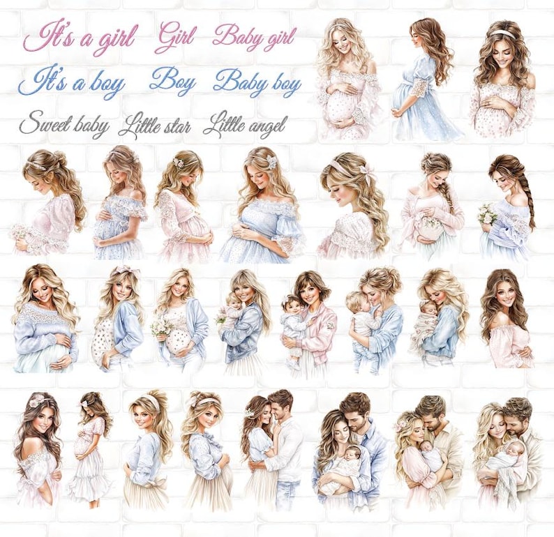 May include: Watercolor illustrations of pregnant women and new parents. Text includes phrases like "It's a girl," "Baby boy," and "Little angel." The images feature women in pastel dresses and couples holding babies.
