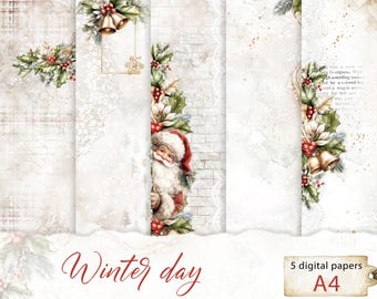 Winter Digital Paper Set in Red and Green for Scrapbooking and Junk Journal