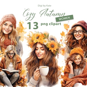 Conjunto de clipart de mulheres de outono aconchegante 13 PNG, menina de outono em aquarela âmbar, ilustrações de mulheres de outono PNG, fundo transparente