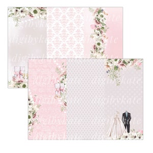 May include: A digital paper pack with a wedding theme. The papers feature a variety of patterns, including floral, damask, and geometric designs. The colors are pink, white, and gray.