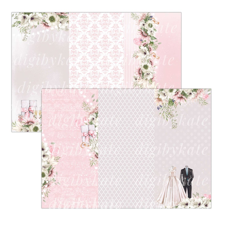 May include: A digital paper pack with a wedding theme. The papers feature a variety of patterns, including floral, damask, and geometric designs. The colors are pink, white, and gray.