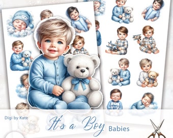 It's a Boy Fussy Cut on A4 JPG Sheet, Sweet Baby Boy Illustrations