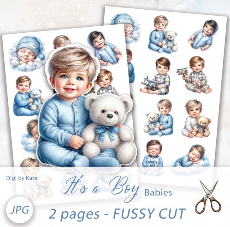 It's a Boy Fussy Cut on A4 JPG Sheet, Sweet Baby Boy Illustrations