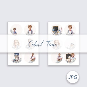 May include: Nine watercolor illustrations of children in school settings. The illustrations are in a circle shape with a white background. The text "School Time" is written in blue across the middle of the image.